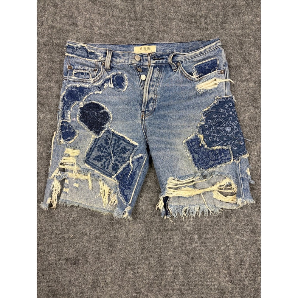 We The Free Free People Distressed Patchwork Denim Shorts Blue Paisley 28